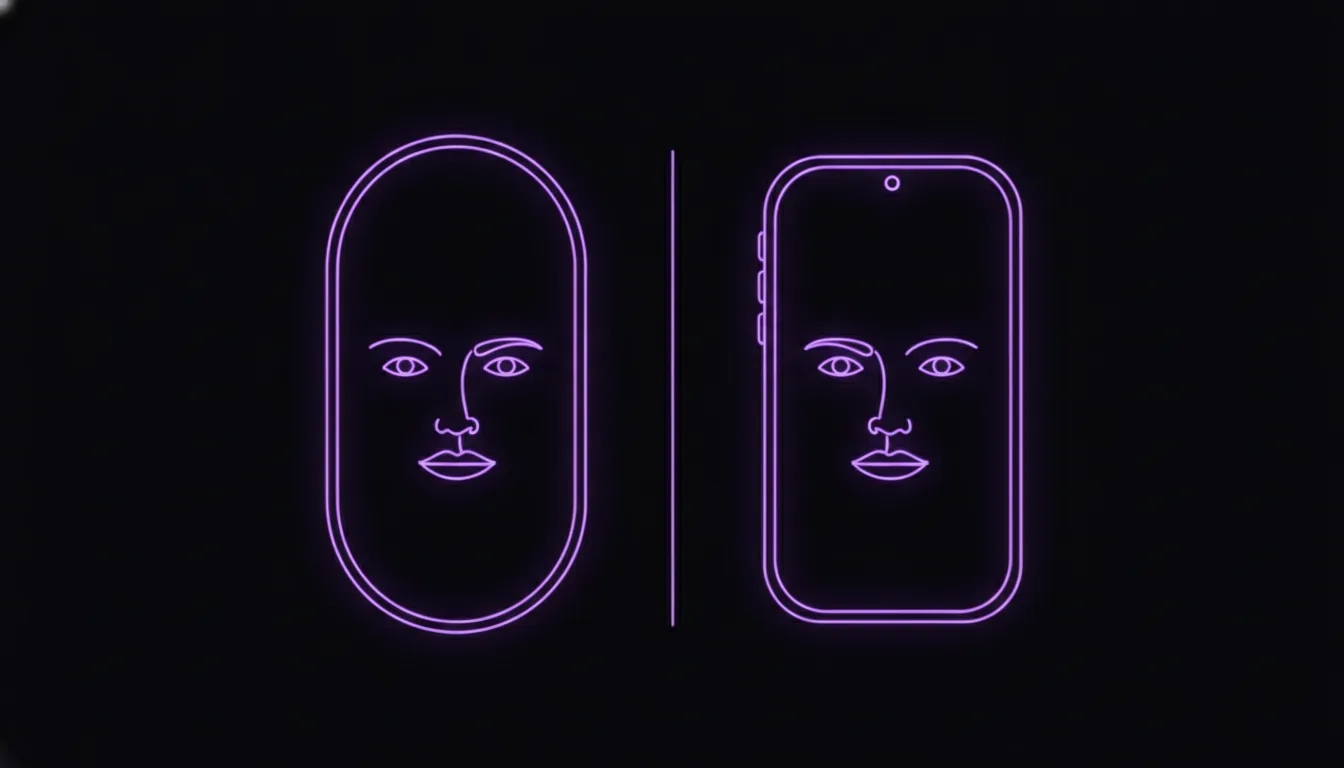 Line-art illustration of the same face shown in a mirror and on a phone screen, side by side