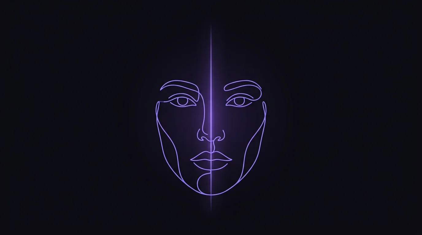 Line-art illustration of a face split by a vertical midline showing facial asymmetry — left and right halves overlaid with violet symmetry guide lines