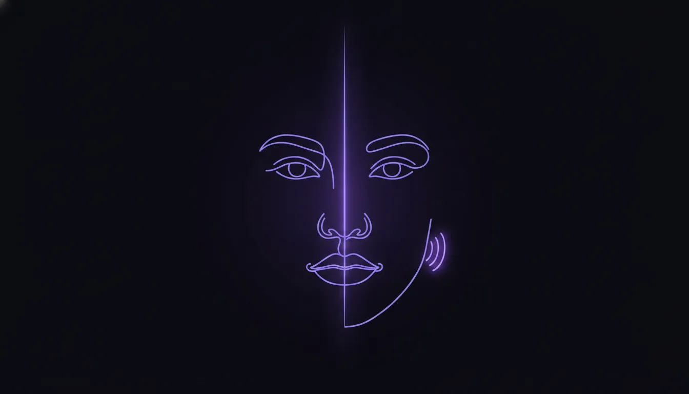 Line-art face with the jaw muscle on one side highlighted and small motion lines showing chewing on that side
