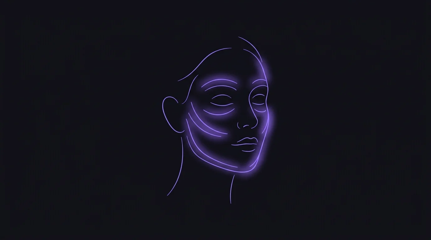 Violet line-art illustration of facial yoga muscle groups and exercise positions