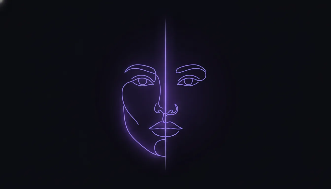 Line-art face split by a vertical midline, with one half drawn slightly wider at the cheek and jaw and the jaw muscle on that side highlighted