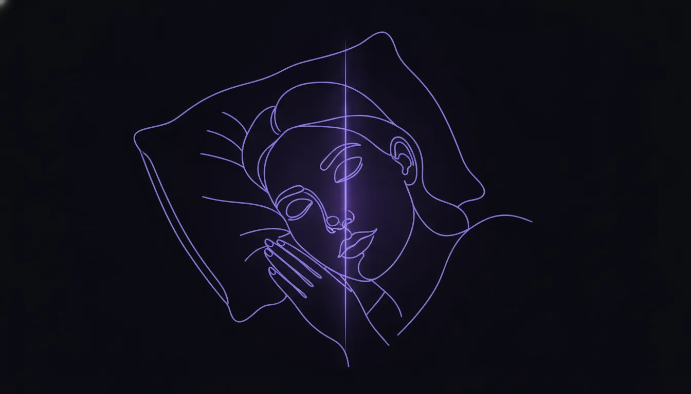 Line-art illustration of a person asleep on their side with one cheek pressed into a pillow and a midline through the face