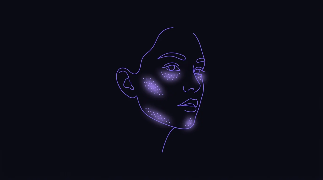 Illustrated violet line-art face representing skin health and looking younger naturally