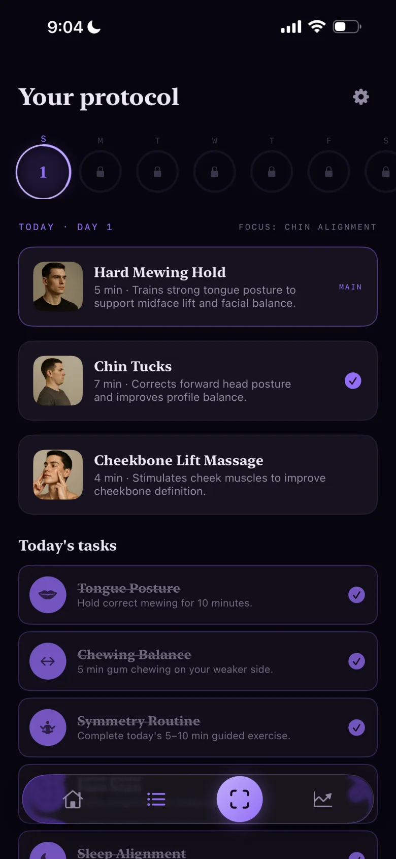 Symmetry IQ daily protocol — day one exercises and tasks focused on chin alignment