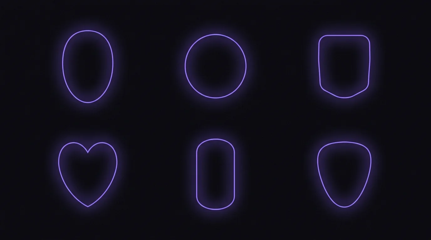 Reference chart showing all 7 face shapes — oval, round, square, heart, oblong, diamond, and triangle — with their defining proportional characteristics