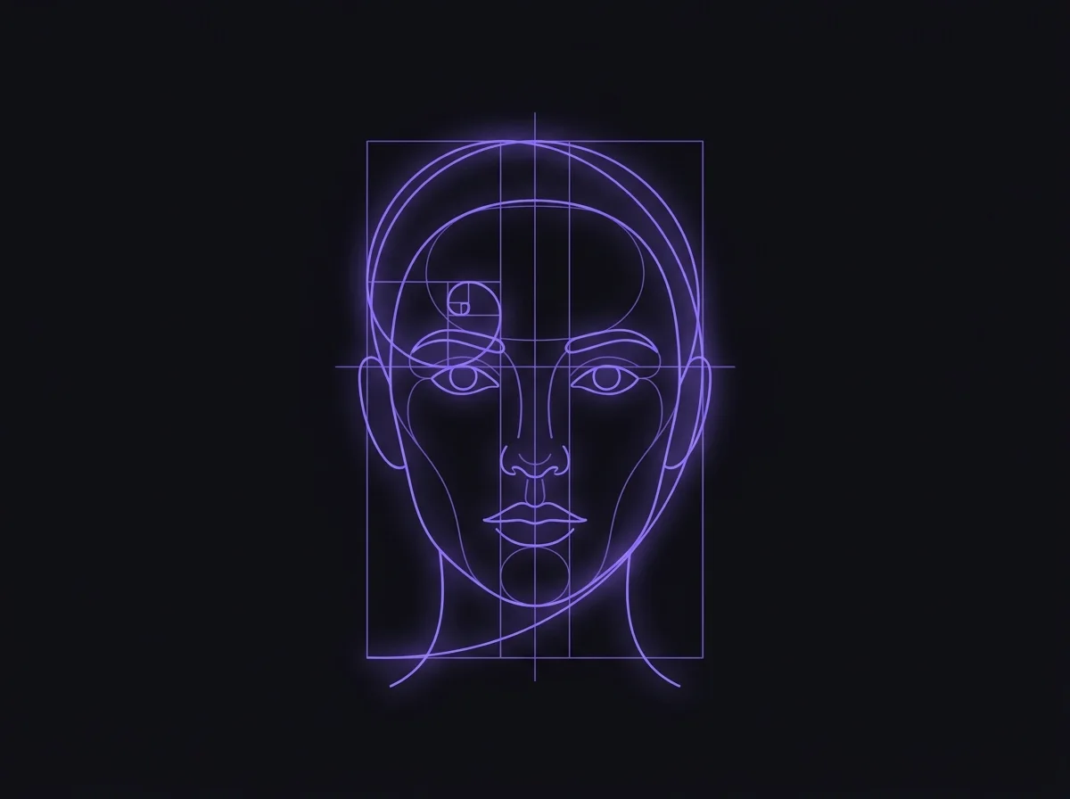 Diagram illustrating how the golden ratio (phi ≈ 1.618) applies to facial proportions — face length to width, mouth to nose width, and lower-face thirds